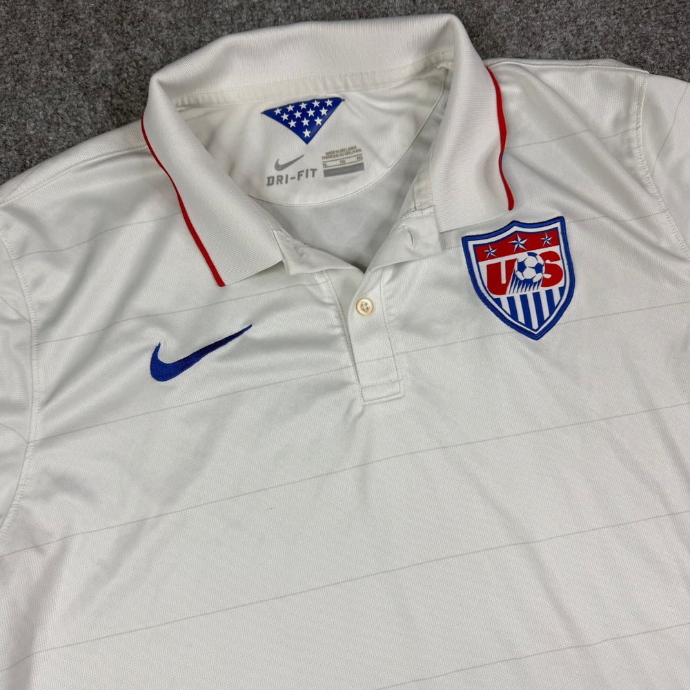 Nike Polo Shirt Mens XL White US Soccer Jersey 2014 Dri-FIT Striped World Cup